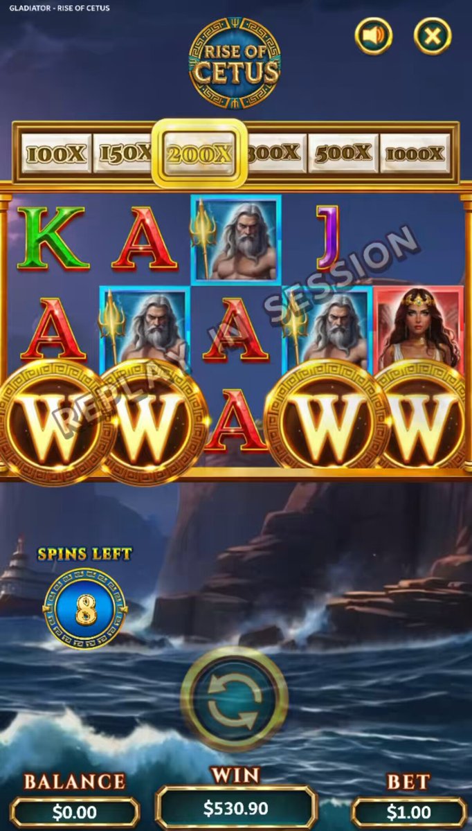 The image shows a slot machine game called "Rise of Cetus" with a blue background, featuring three game symbols - a man, a woman, and a boat. The text above the symbols reads "Another win. Someone just turned 1$ into 10,000$. All it takes is one spin. And it'S happening every day on @MetaWin". This suggests that someone has won money from playing this slot machine game, possibly multiple times, as indicated by the text.