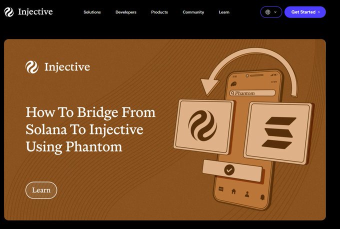 A website screenshot for 'Injective' featuring a tutorial titled 'How To Bridge From Solana To Injective Using Phantom' with a 'Get Started' button.