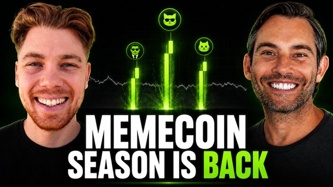 A thumbnail for what looks like a livestream titled "MEMECOIN SEASON IS BACK," featuring a stock chart going up and to the right with green animated candles and three token icons (cat, skull/mask, and dog), with the faces of two hosts flanking the graphic. The image relates to the accompanying post by teasing an upcoming crypto-focused livestream, where the hosts will be covering a new NFT mint and token launch ($MANCER) that ties into the broader memecoin theme.