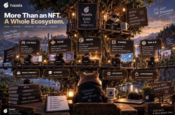 The image is a promotional graphic for the "hazels" NFT collection, showcasing a treehouse scene with a raccoon character and displaying the project's ecosystem features including GTD Race, Pulse, Drops, Staking, RWA & IP, Private Community, Academy, VIP Events, and Store Rewards, with text reading "More than an NFT. A Whole Ecosystem" and noting "5,555 NFTs - A Much Bigger Story."

The visual directly supports the post's message by illustrating how Hazels addresses the "what now?" problem by emphasizing that the 5,555 NFTs are just the entry point to a broader ecosystem with utilities like staking, drops, community, and learning opportunities beyond just collecting digital art.