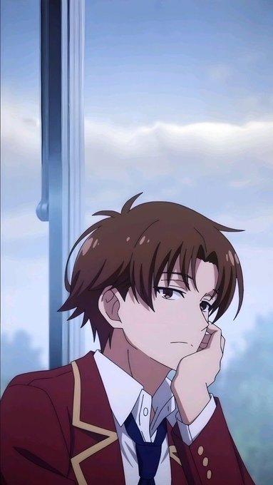 An anime illustration of a young male character with brown hair wearing a maroon school blazer, resting his chin on his hand while looking out a window.