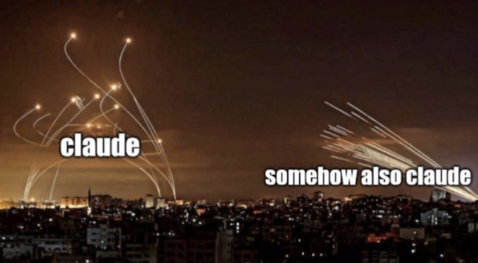 A nighttime cityscape shows fireworks or tracer rounds over an urban skyline, with one set looping back toward its origin (labeled "claude") and another streaking forward in parallel paths (labeled "somehow also claude"). The meme humorously illustrates that despite different trajectories, both groups of projectiles ultimately represent "claude"—suggesting that regardless of how varied AI outputs may appear, they all still bear the stamp of the same underlying model, explaining the poster's anticipation of reusing the image to point out this recurring pattern.