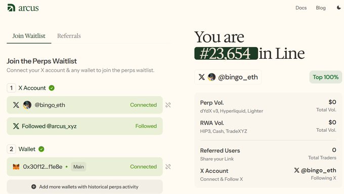Arcus perps waitlist page showing the user (@bingo_eth) ranked #23,654 in line, with connected X Account and Wallet (0x30f12...f1e8e), displaying $0 perp and RWA volume.