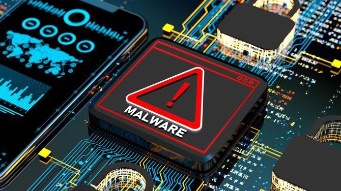The image shows a 3D-rendered microchip labeled "MALWARE" with a red warning triangle, surrounded by a circuit board and a smartphone displaying data analytics, symbolizing the digital threat. This visualizes the post's warning about how hackers embed malicious instructions in BNB Chain smart contracts, turning legitimate websites into malware delivery vehicles via fake CAPTCHAs that compromise thousands of devices daily.