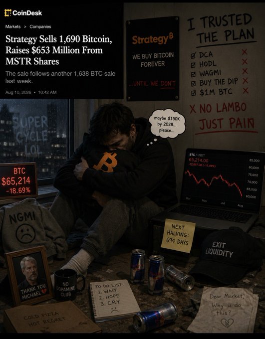 The image is a satirical CoinDesk-style article headline reading "Strategy Sells 1,690 Bitcoin, Raises $653 Million From MSTR Shares," accompanied by a despairing scene of a man hugging a Bitcoin pillow amid crypto crash memes, with a chart showing BTC at $65,214 (-18.69%) and signs mocking failed crypto slogans like "I TRUSTED THE PLAN," "HODL," "WAGMI," and "NO LAMBO JUST PAIN." It illustrates the post's theme of broken Bitcoin promises and a collapsing market, highlighting the irony of Michael Saylor's Strategy (formerly MicroStrategy) selling 1,690 BTC despite its "NEVER SELL YOUR BITCOIN" ethos, leaving retail investors holding losses while BTC sits around $65K.