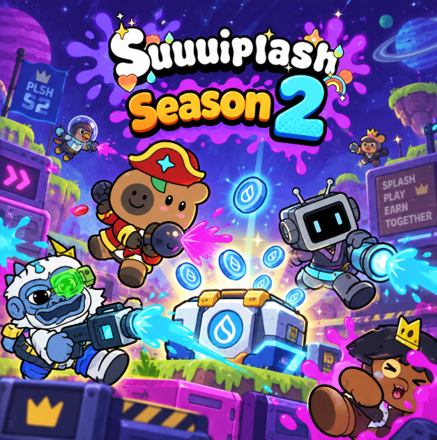 Vibrant promotional artwork for 'Suuuiplash Season 2' featuring cartoon characters including a bear with a gun, a robot, and an astronaut in a colorful, space-themed environment.