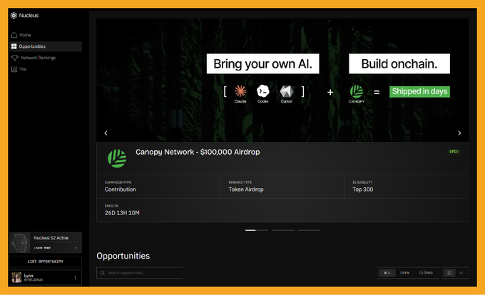 A Nuculus platform dashboard showing a Canopy Network $100,000 Airdrop opportunity with 'Bring your own AI' and 'Build onchain' banners at the top.
