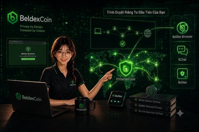 A promotional image for BeldexCoin features a smiling woman pointing to a 'Protected User' shield graphic, alongside Beldex Browser, BChat, and BelNet logos with the tagline 'Privacy by Design. Freedom by Choice.'