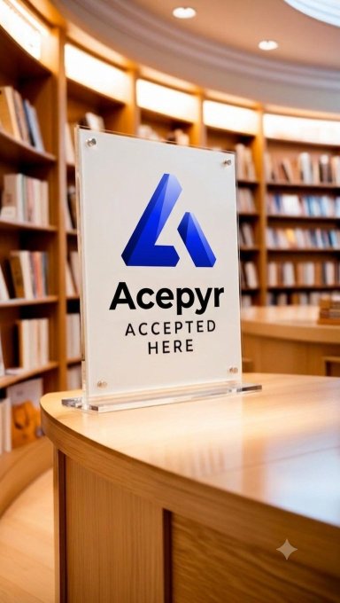 A clear acrylic sign on a wooden counter in a library setting displaying a blue triangular logo with the text "Acepyr — ACCEPTED HERE."
