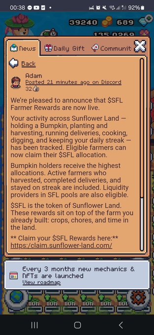 A mobile game screenshot showing a news announcement from 'Adam' about '$SFL Farmer Rewards' on Sunflower Land.