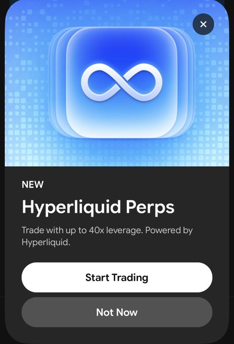 A mobile app pop-up notification for 'Hyperliquid Perps' with a blue Meta logo, advertising up to 40x leverage trading and offering 'Start Trading' or 'Not Now' options.