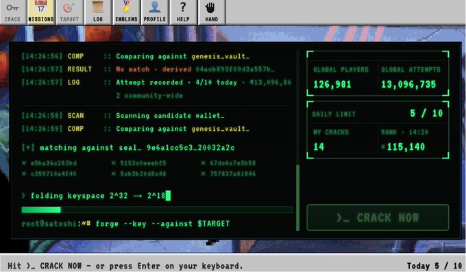 A screenshot of a hacking simulation game interface showing terminal logs for 'CRACKING,' 'SCANNING,' and 'COMPARING' against a 'genesis_vault,' with stats for 'GLOBAL PLAYERS' and a 'CRACK NOW' button.