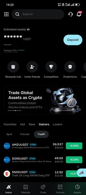 A screenshot of a cryptocurrency trading app interface showing assets like AMZUSDT, SOXUSDT, and SNXXUSDT with prices and percentage changes on a dark theme.