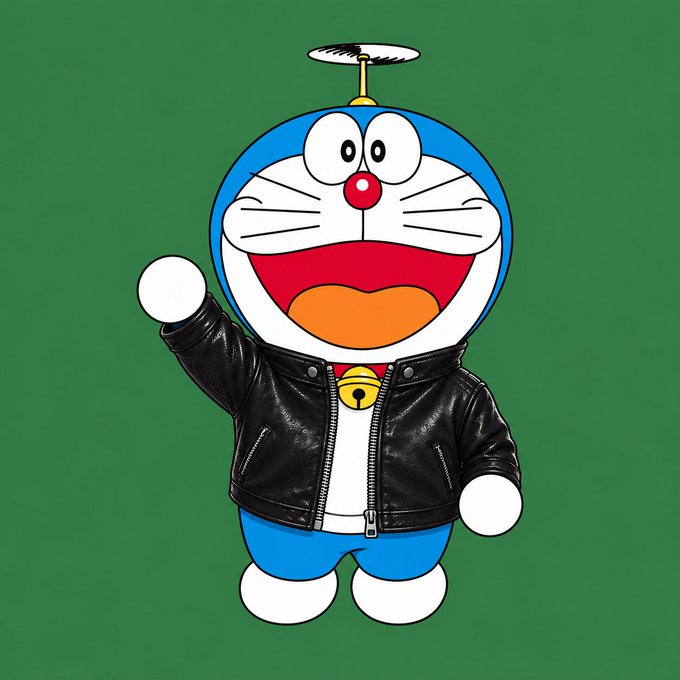 The image shows Doraemon, the iconic blue and white cartoon cat character from the Japanese manga series, wearing a black leather jacket with its signature red nose, wide smile, and a propeller on its head, posed with one arm raised in a friendly greeting. The image humorously illustrates the poster's caption about wearing a jacket, as Doraemon poses confidently in the leather biker-style jacket with visible zippers.
