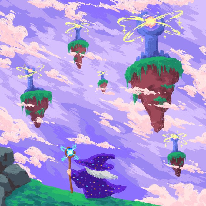 A pixel art scene depicts a wizard in a starry purple robe standing on a cliff, holding a glowing blue staff, gazing up at floating islands topped with towers that radiate golden magical energy rings—all evoking the mystical "Arc" NFT collection theme teased by the post, which invites viewers to leave their wallet to be entered in a whitelist.