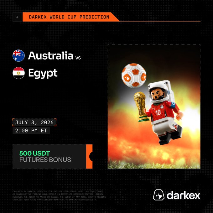 A Darkex World Cup Prediction promotional graphic featuring a 3D character in an Egyptian #10 jersey with a soccer ball and World Cup trophy, advertising an Australia vs Egypt match prediction on July 3, 2026 at 2:00 PM ET with a 500 USDT Futures Bonus.
