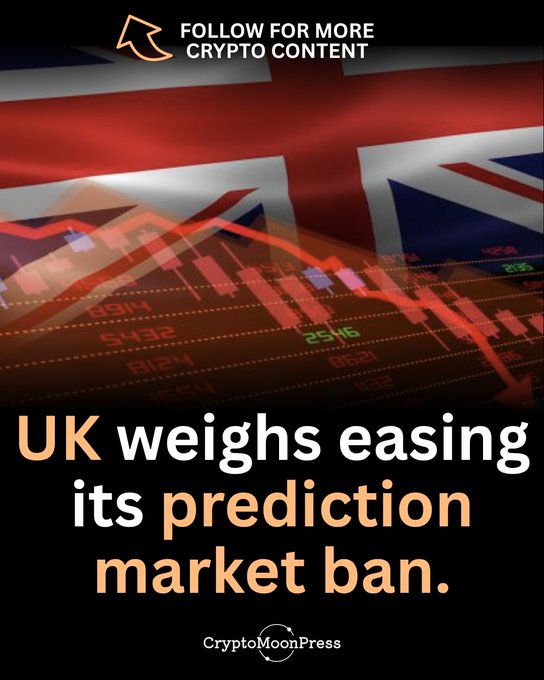 A graphic features the UK flag overlaid on a trading chart with text reading "FOLLOW FOR MORE CRYPTO CONTENT" and "UK weighs easing its prediction market ban" by CryptoMoonPress.