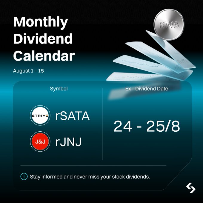 Financial app screen displaying a 'Monthly Dividend Calendar' for August 1-15, featuring RWA tokens rSATA (STRIVE) and rJNJ (J&J) with ex-dividend dates of 24-25/8.