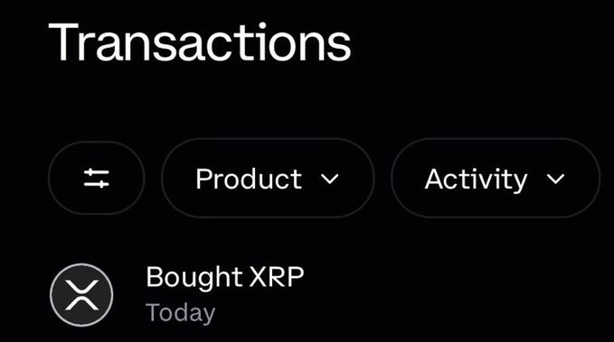 A dark mobile app screen titled “Transactions” shows filter buttons labeled “Product” and “Activity,” along with a transaction entry reading “Bought XRP” and “Today.”