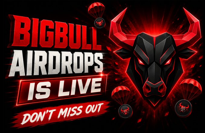 The image displays a promotional graphic for a "$BIGBULL Airdrops IS LIVE - Don't Miss Out" campaign, featuring a stylized red and black bull head logo flanked by parachuting badges. It visually supports the post's announcement of a limited $BIGBULL token airdrop, directing viewers to the website bigbullchain.fun for participation.