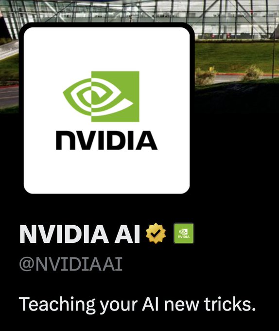 The image shows a social media profile for "NVIDIA AI" (@NVIDIAAI) with the iconic green eye logo and the tagline "Teaching your AI new tricks." The accompanying post playfully questions whether they teach AI the way you'd teach a dog new tricks, slightly mocking the phrasing of the tagline.