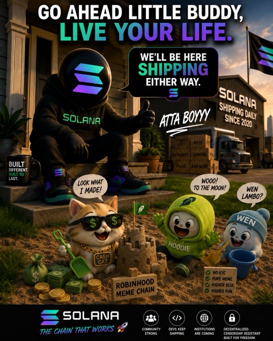 A promotional meme poster for Solana cryptocurrency features the text 'GO AHEAD LITTLE BUDDY, LIVE YOUR LIFE. WE'LL BE HERE SHIPPING EITHER WAY' with cartoon characters including a cat with money glasses labeled 'CASH CAT' and figures representing 'HOODIE' and 'WEN LAMBO'.