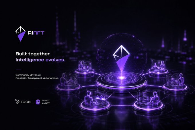 An AI NFT promotional graphic features the AINFT logo and the tagline "Built together. Intelligence evolves." with "Community-driven AI. On-chain. Transparent. Autonomous." and TRON and RINFT AI-NFT branding.