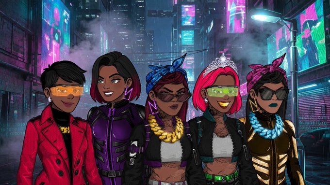 An anime/cyberpunk style illustration of five stylish female characters with neon accessories, bandanas, and futuristic sunglasses standing in a neon-lit cityscape.