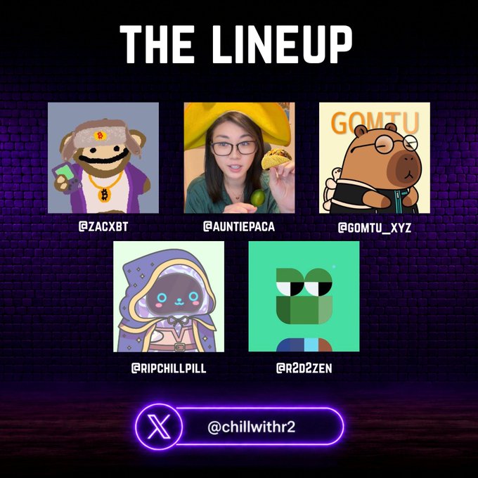 A promotional graphic titled 'THE LINEUP' displays five profile cards with usernames '@ZACXBT', '@AUNTIEPACA', '@GOMTU_XYZ', '@RIPCHILLPILL', and '@R2D2ZEN', with a Twitter handle '@chillwithr2' at the bottom.