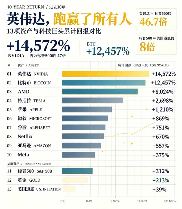 The image is a 10-year return comparison chart highlighting NVIDIA's extraordinary market performance, with a cumulative return of +14,572% (approximately 46.7 times the S&P 500), surpassing Bitcoin at +12,457%, AMD at +8,024%, and other tech giants including Tesla (+2,698%), Apple (+1,210%), Microsoft (+869%), Alphabet (+751%), Netflix (+670%), Amazon (+557%), and Meta (+375%), while also outperforming benchmark assets like the S&P 500 (+312%), Gold (+213%), and significantly outpacing U.S. inflation (+39%), visually reinforcing the post's claim that NVIDIA has "left behind Bitcoin, AMD, and a host of tech giants."