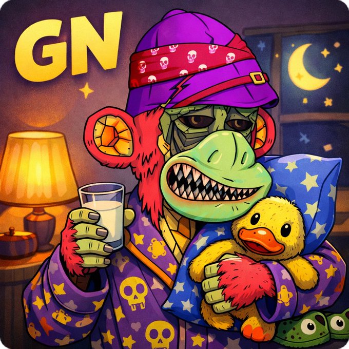 A colorful cartoon illustration shows a monstrous character with a skull bandana, pink fur trim, and pajamas holding a glass of milk and a yellow duck plushie, with 'GN' (good night) text in the upper left corner.