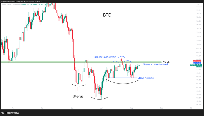 A Bitcoin ($BTC) candlestick chart displays technical analysis annotations highlighting two "Uterus" patterns: a larger black "Uterus" formation below resistance, and a smaller blue "Fake-Uterus" with an "Uterus-Neckline" and "Uterus invalidation level" marked at the 65.7K horizontal support line.