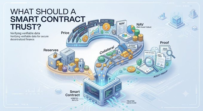 An infographic titled 'WHAT SHOULD A SMART CONTRACT TRUST?' illustrates data flows including Price, NAV, Reserves, Collateral, and Proof feeding into a verified Smart Contract.