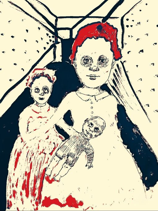 A raw, expressionist-style illustration in black, white, and red depicting a child holding a doll, standing next to another small figure within an interior space.