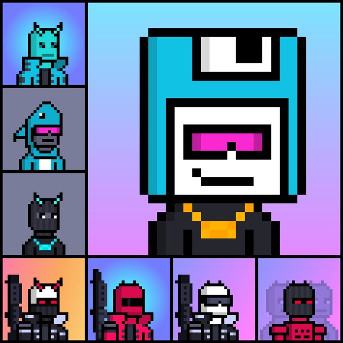 A pixel art character collection featuring a large central robot-like figure with a blue helmet and pink visor, surrounded by smaller character portraits including warriors, ninjas, and various figures.