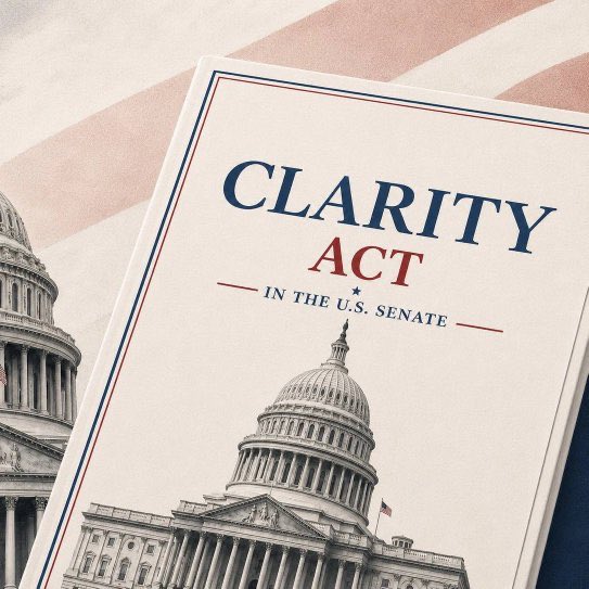 The image shows a document titled "CLARITY ACT — IN THE U.S. SENATE," featuring an illustration of the U.S. Capitol building, with an American flag draped in the background. This visual ties directly to the post's announcement of the latest CLARITY Act draft released by Senate Republicans ahead of a crucial procedural vote on September 15, highlighting the bill's significance in defining digital assets and its potential impact on the crypto industry.