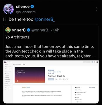 A tweet by @silencexm (silence) responding "I'll be there too" to @onnerB's reminder about an Architects check-in event with a registration screenshot.