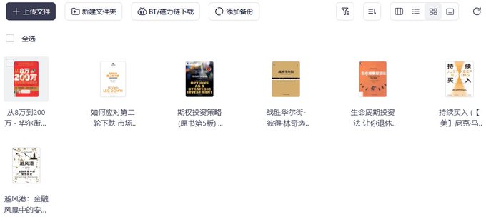 A digital library interface displays a collection of finance and investment book covers with Chinese titles, including "战胜华尔街" (Beating the Street), "期权投资策略" (Options as a Strategic Investment), and "如何应对第二轮下跌市场" (How to Handle the Second Leg Down Market), along with other titles on stock trading and financial storms. The image directly illustrates the post's recommendation of classic investment books, showing them as a curated reading list for stock picking, options trading, and crash hedging strategies.