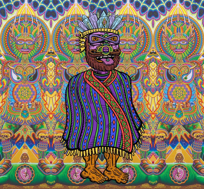 A psychedelic, symmetrical artwork featuring a central masked figure wearing a feathered headdress and a vibrant purple-striped poncho, set against a kaleidoscopic background of intricate tribal patterns and totemic faces.