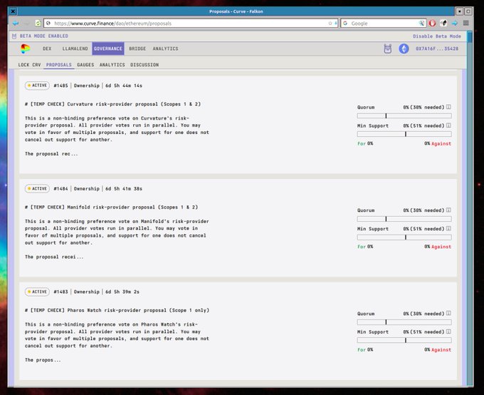 A screenshot of the Curve Finance "Proposals" governance page displays three active risk-provider proposals (#1485 Curveth, #1484 Manifold, and #1483 Pharos Watch), each showing 0% quorum and 0% support with approximately 6 days remaining. The post clarifies that only "yes" votes are summed in this signal vote, which contextualizes the current 0% support figures shown next to each proposal.