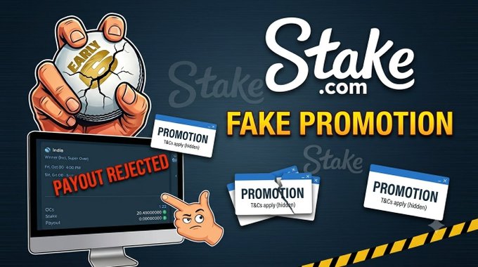 YouTube-style thumbnail criticizing Stake.com, featuring a hand breaking an 'EARLY' token and a computer screen displaying 'PAYOUT REJECTED' alongside promotional pop-ups for T&Cs.