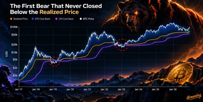 A stylized graph titled "The First Bear That Never Closed Below the Realized Price" tracks BTC Price alongside Realized Price, STH Cost Basis, and LTH Cost Basis from Jan '17 through Jan '26, with red dashed circles highlighting previous bear market lows near the realized price line. The dramatic bear imagery and golden Bitcoin coin emphasize the post's point that BTC has not closed below its realized price during the current bear market, marking an unprecedented downturn where the average holder has remained in profit throughout.