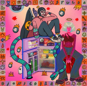 The image features a man sitting inside an open refrigerator, surrounded by various objects such as a snake, a bird, and a cake. The background of the image is pink with cartoon-like elements like a skull and a crown. The caption reads "also thank you as always to my dear @HuemansUniverse for collecting my works!! grateful of you dear objktcom/users/tz1iAHNc".