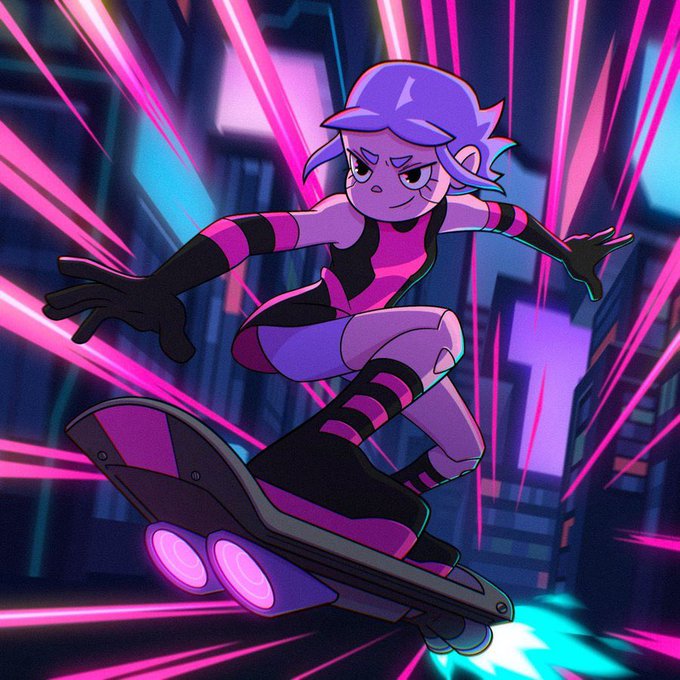 An animated cartoon character with purple hair riding a futuristic hoverboard with glowing purple engines through a neon-lit cyberpunk cityscape.