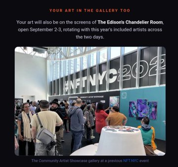 A promotional graphic stating "YOUR ART IN THE GALLERY TOO" for the NPT NYC 2022 event, showing a photo of a crowded art gallery.