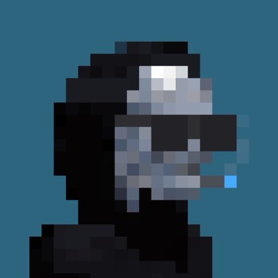Pixel art profile picture of a character wearing a dark helmet with a reflective visor against a teal background.