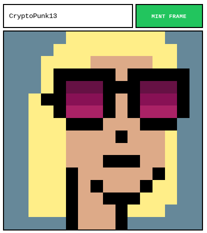 The image displays a pixelated CryptoPunk NFT character with blonde hair and purple-tinted sunglasses against a blue background, with "CryptoPunk13" labeled at the top and a green "MINT FRAME" button in the corner, suggesting a platform where users can add and mint CryptoPunks as new pixel art frames—though notably no one has yet.