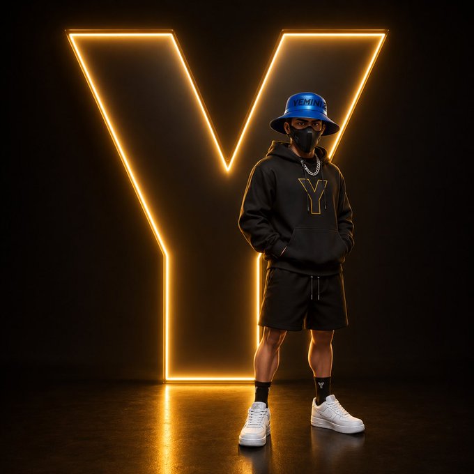 A person stands in athletic wear including a black 'Y' hoodie, black shorts, a blue bucket hat, and a black face mask, posed in front of a large glowing neon 'Y' sign.