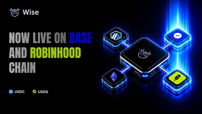 A dark promotional graphic for the crypto platform Wise, announcing "NOW LIVE ON BASE AND ROBINHOOD CHAIN" with glowing blue interconnected nodes displaying crypto symbols and USDC/USDG tokens.