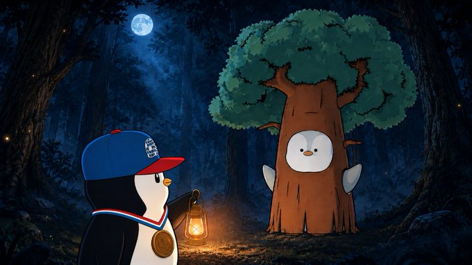 An illustration of a penguin wearing a blue cap and medal holding a lantern in a moonlit forest, encountering a tree-like creature with a penguin face.